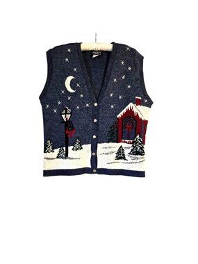 Southern Lady Womens Christmas Holiday Sweater Vest Navy Large Winter Snow Scene